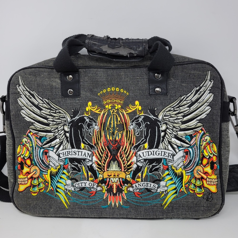Christian Audigier City of‎ Angels Laptop Bag Skulls Panther Gray Y2K Briefcase